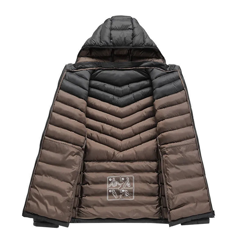 Men's army green lightweight down hooded jacket with a detachable collar and zippered pockets.