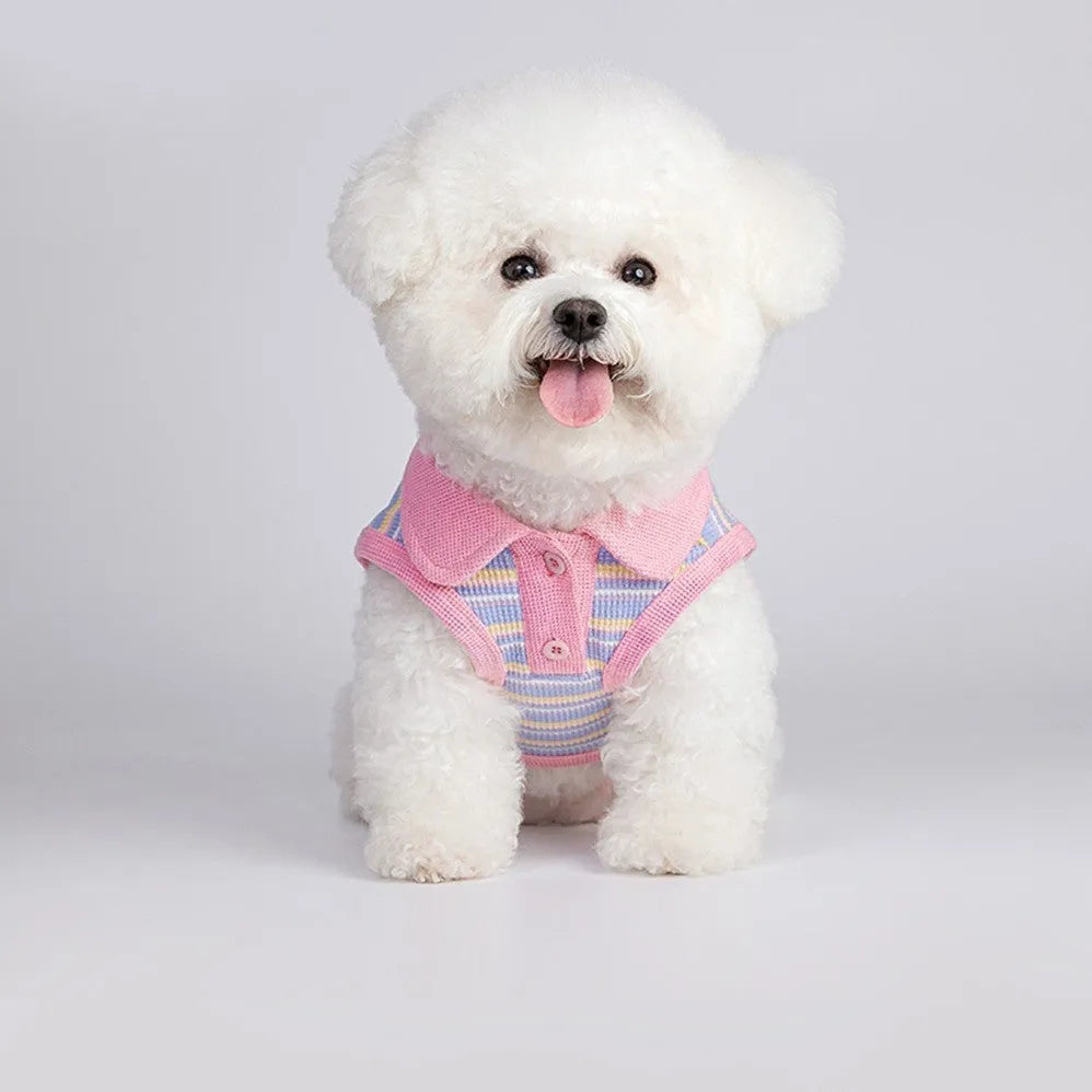 Pink purple knitted fleece vest for a small dog on a white background.
