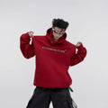 Men's loose fit hooded sweater with metal-effect printed graphic in red.