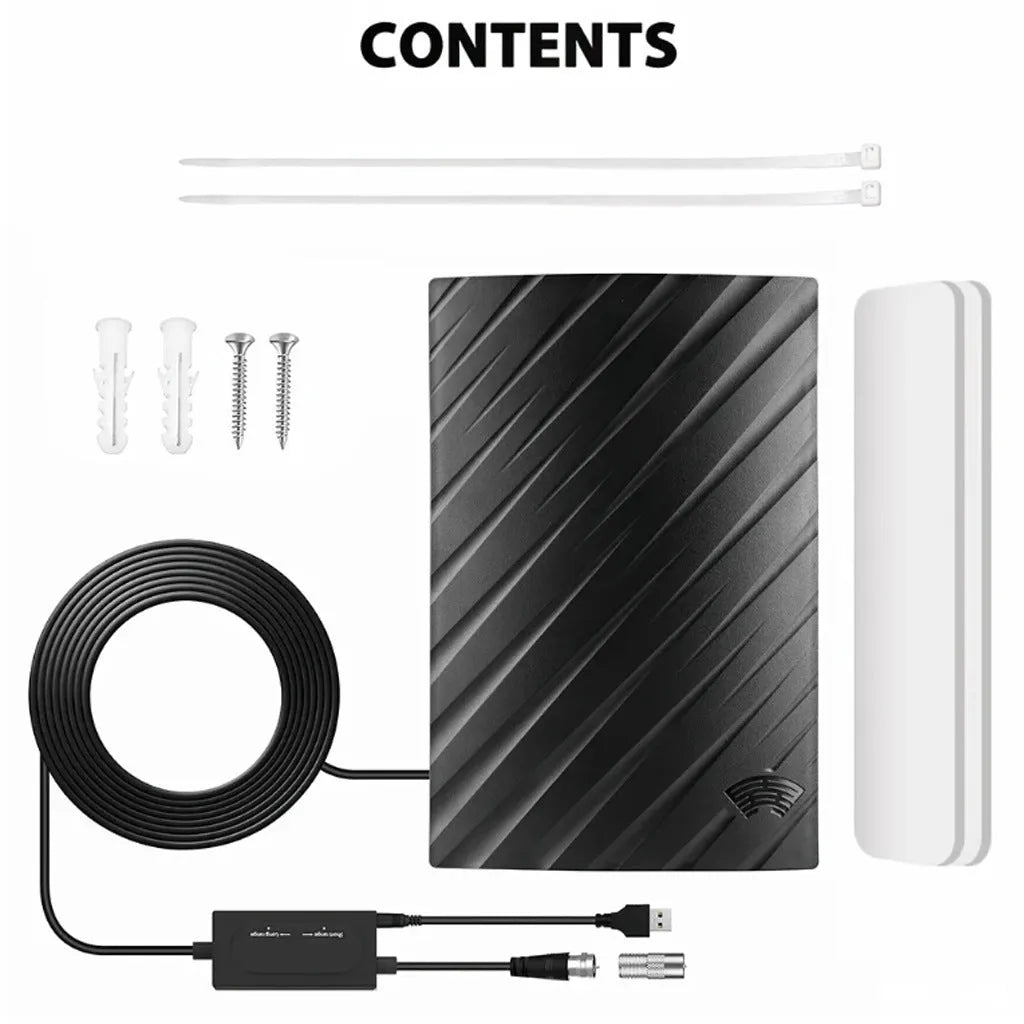 Black plastic digital HD television antenna with included mounting screws, expansion tubes, cable ties, and adhesive tape.
