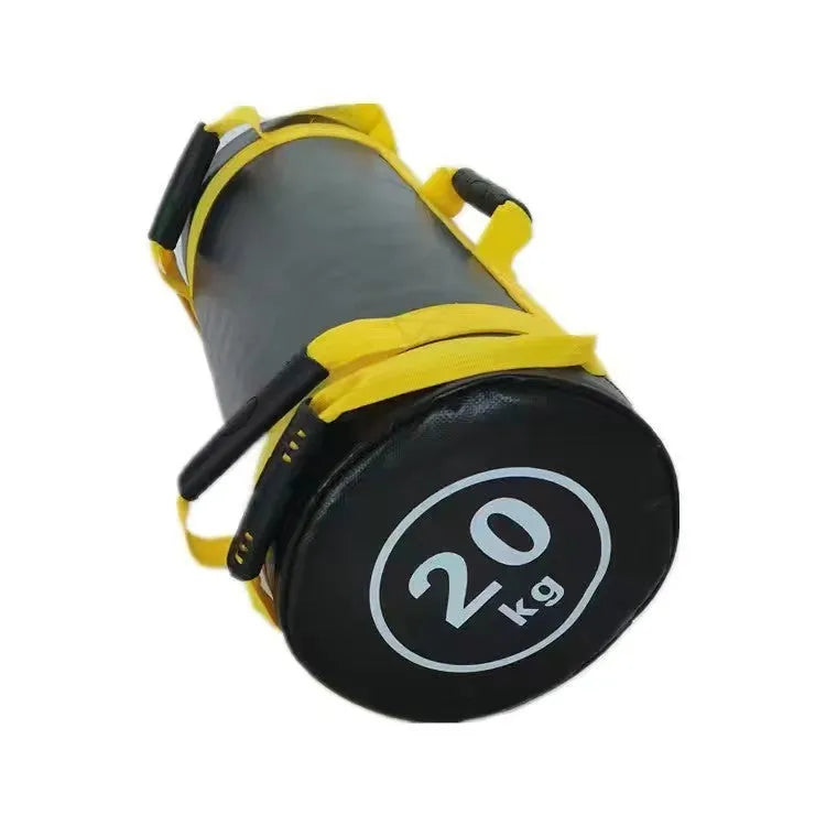 White PVC fitness sandbag for weight training, shown with weight options from 5 to 30 kilograms.