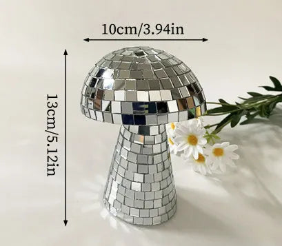 Handmade glass mushroom disco ball ornament with mirror brick upholstery in silver finish small size