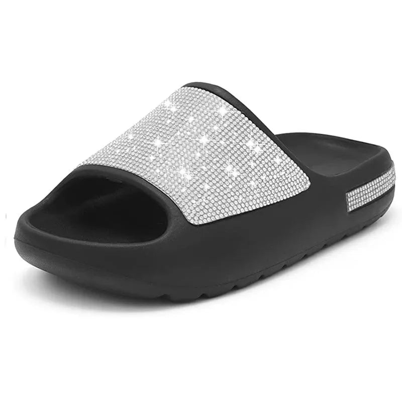 Rhinestone slippers women peep toe thick sole casual slides summer leisure Apricot colour EVA upper cloth lining