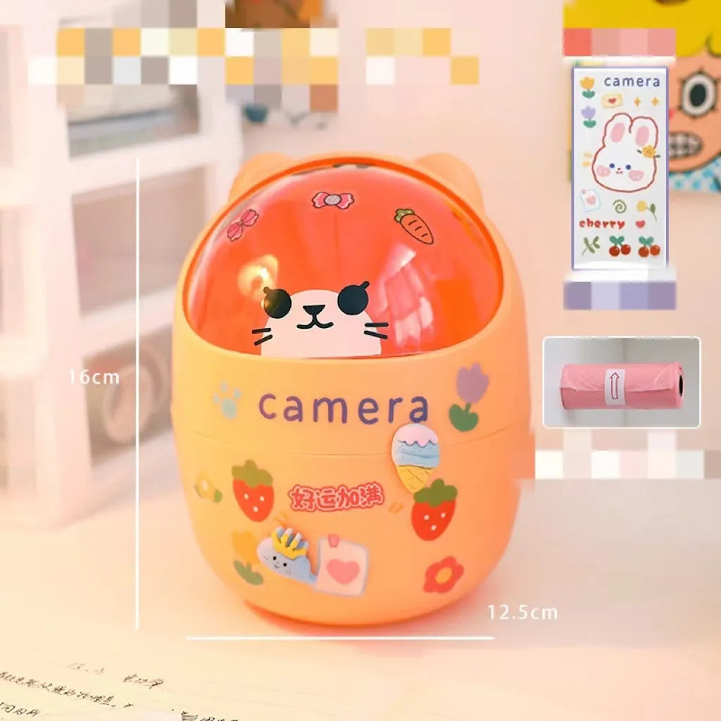 Plastic mini bear shaped desktop trash can with press-type lid in beige gray, includes stickers and garbage bags