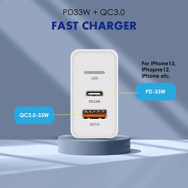 PD48W fast travel charger with USB-C port, indicator light, and choice of US, UK, or EU plug in black or white.