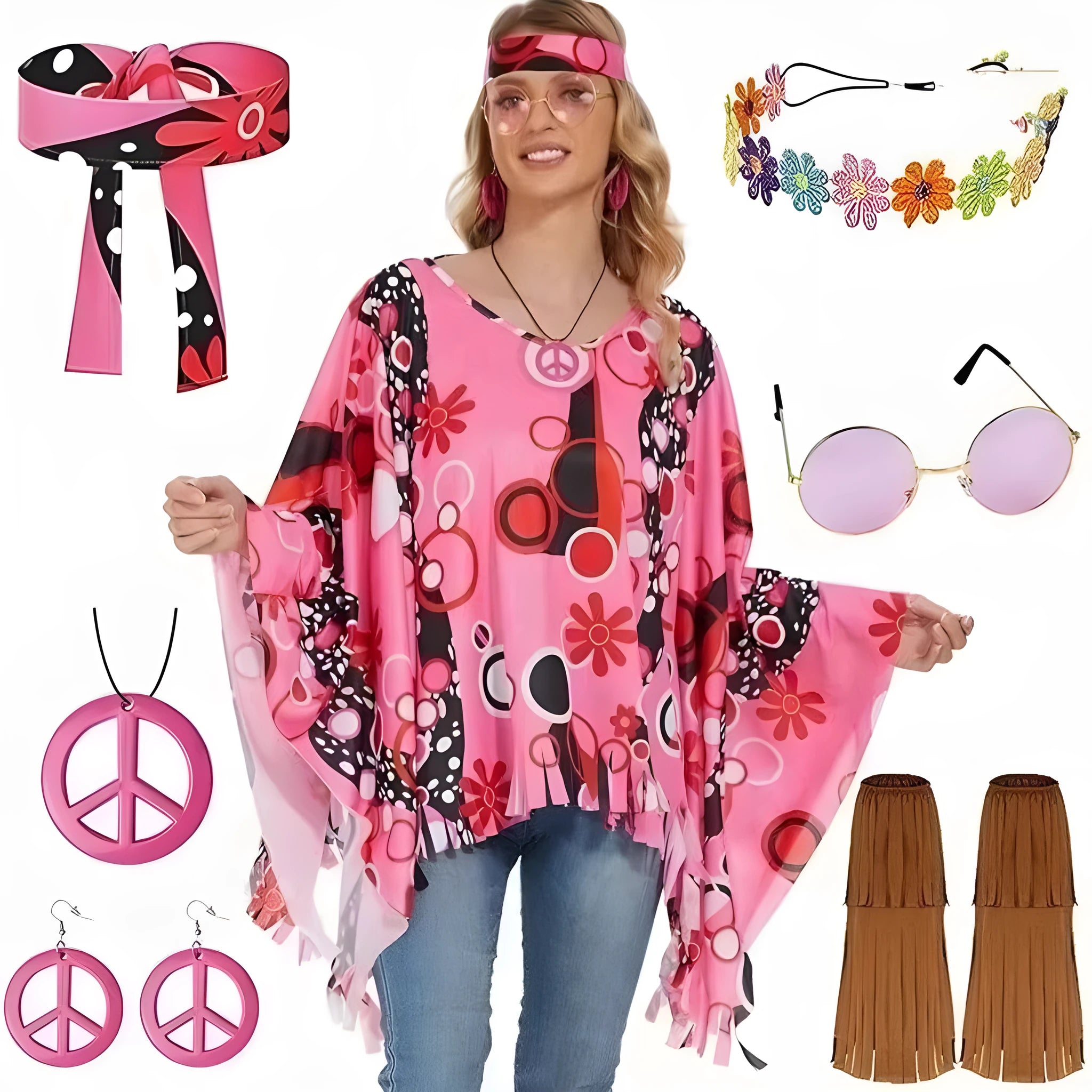 Colourful tie dye cloak costume with bell sleeves on a mannequin, showing pink and rainbow print on black spandex