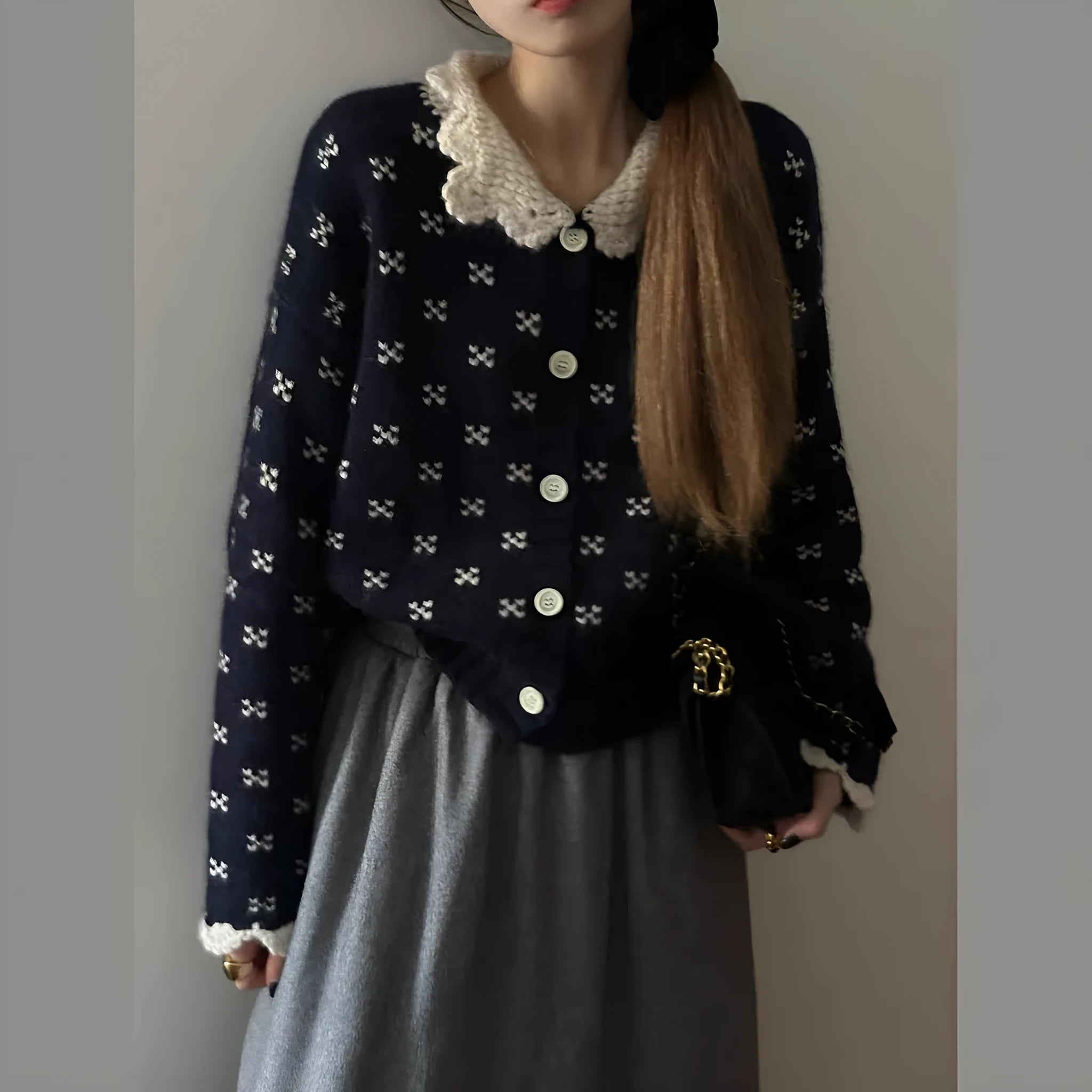 Retro Peter Pan collar knitted cardigan coat with floral embroidery in grey colour