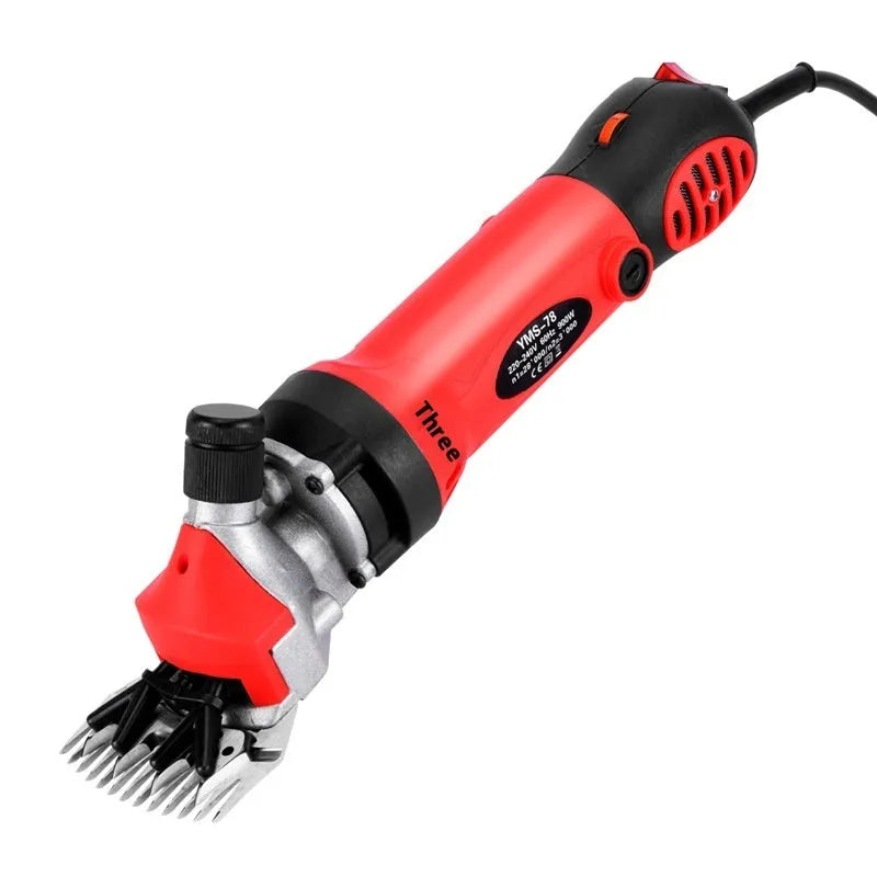 Yellow electric wool shearing clipper with 110V plug, multiple cutting blades, and maintenance accessories in plastic box