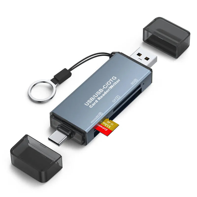 CF SD TF three-in-one memory card reader with aluminium alloy casing and USB 2.0 connectivity