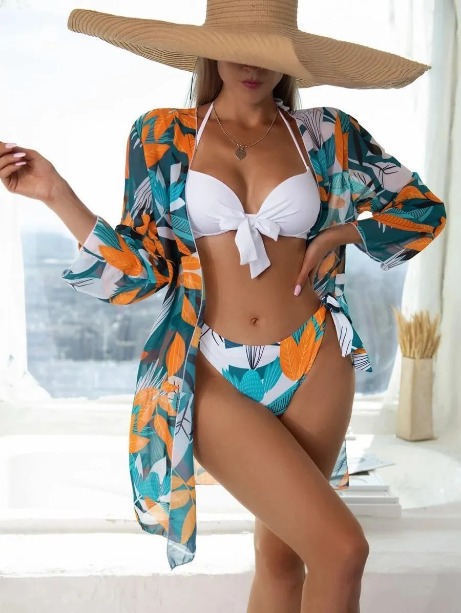 Women's three-piece mesh bikini swimsuit set with a cover-up coat in quick-dry polyester.