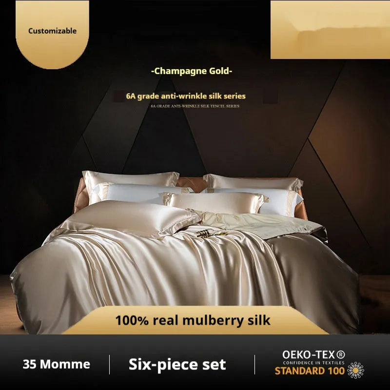 Silk four-piece bed set in a solid colour showing duvet cover and matching pillowcases.