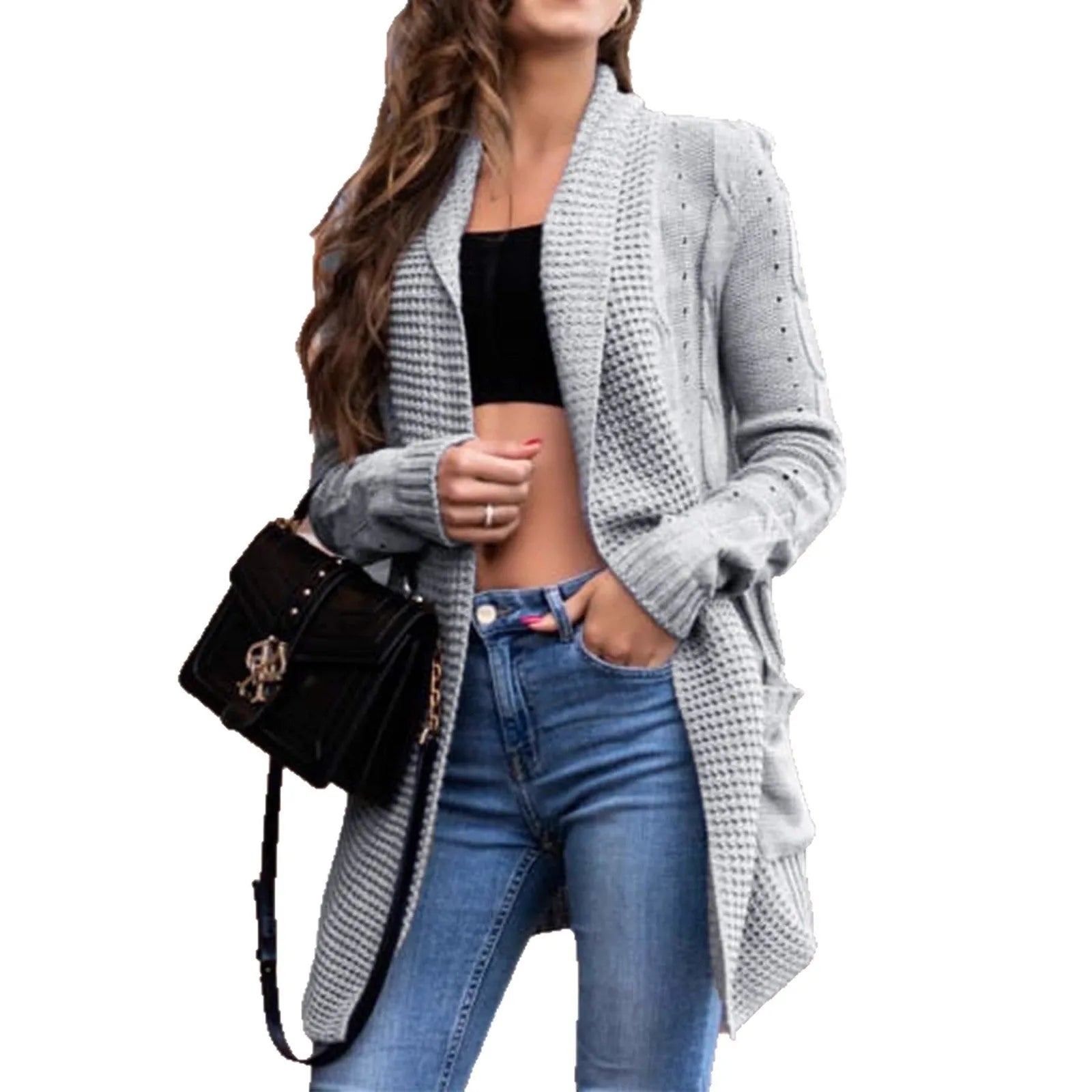 Women's grey loose fit cardigan coat with front pockets, 65cm length