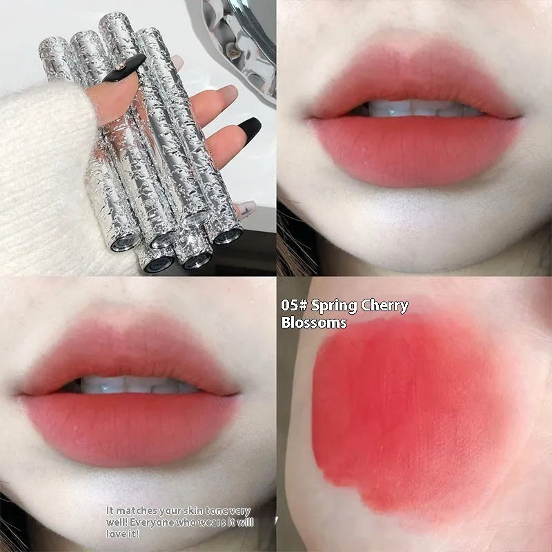 Velvet Mist Lip Mud Matte White Lipstick in six waterproof shades with complexion improvement properties