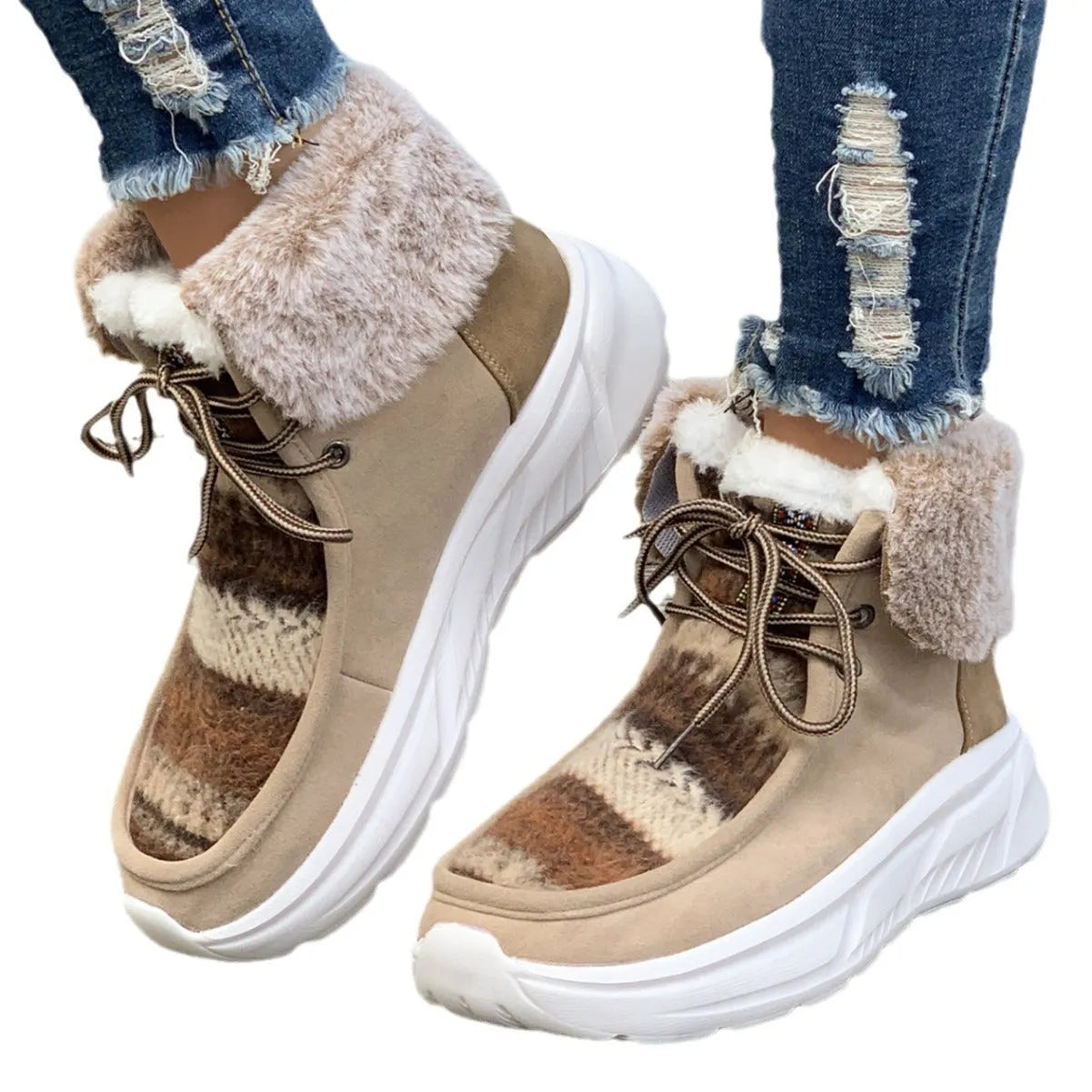 Women's beige lace-up snow boots with fuzzy lining and thick platform soles