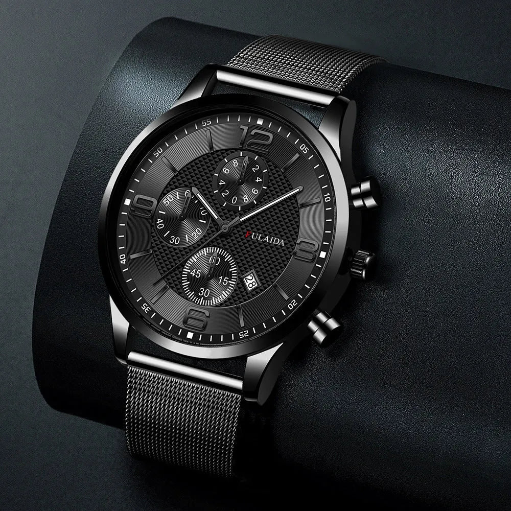 Men's quartz watch with 40mm circular dial, alloy strap, titanium metal buckle, and pointer display.