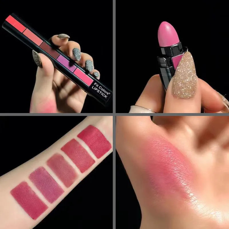 5-colour matte lipstick set with velvet finish, 1.2g per colour, shades 01#RED and 02#NUDE