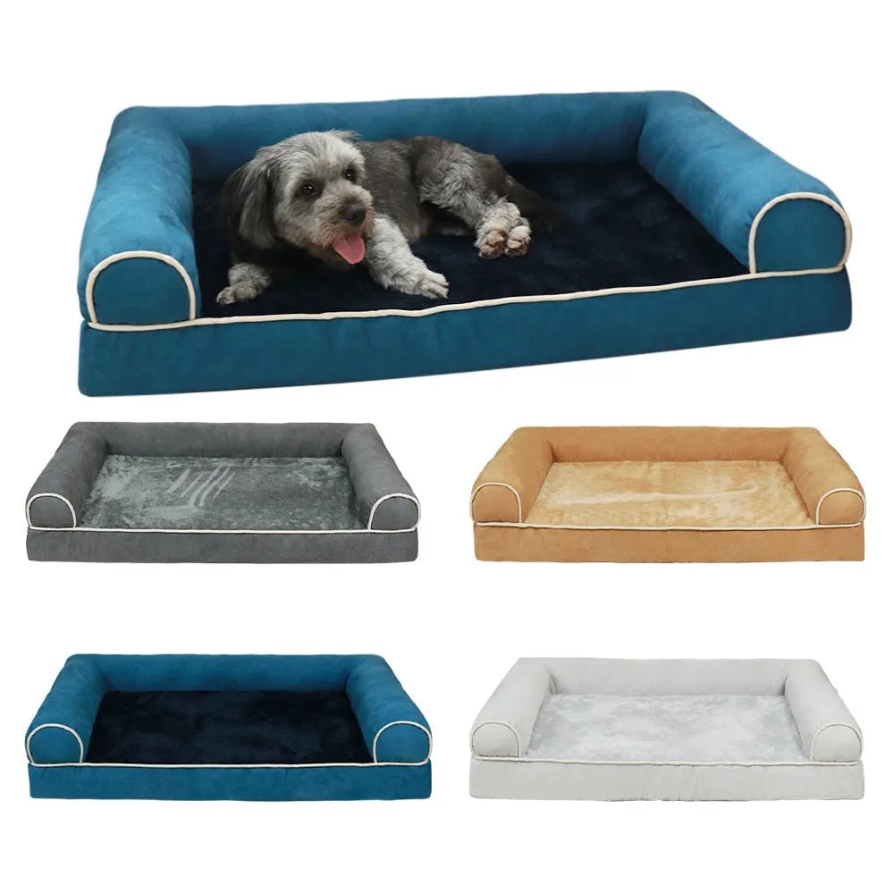 A square grey dog bed with a raised sponge can border on a wooden floor.