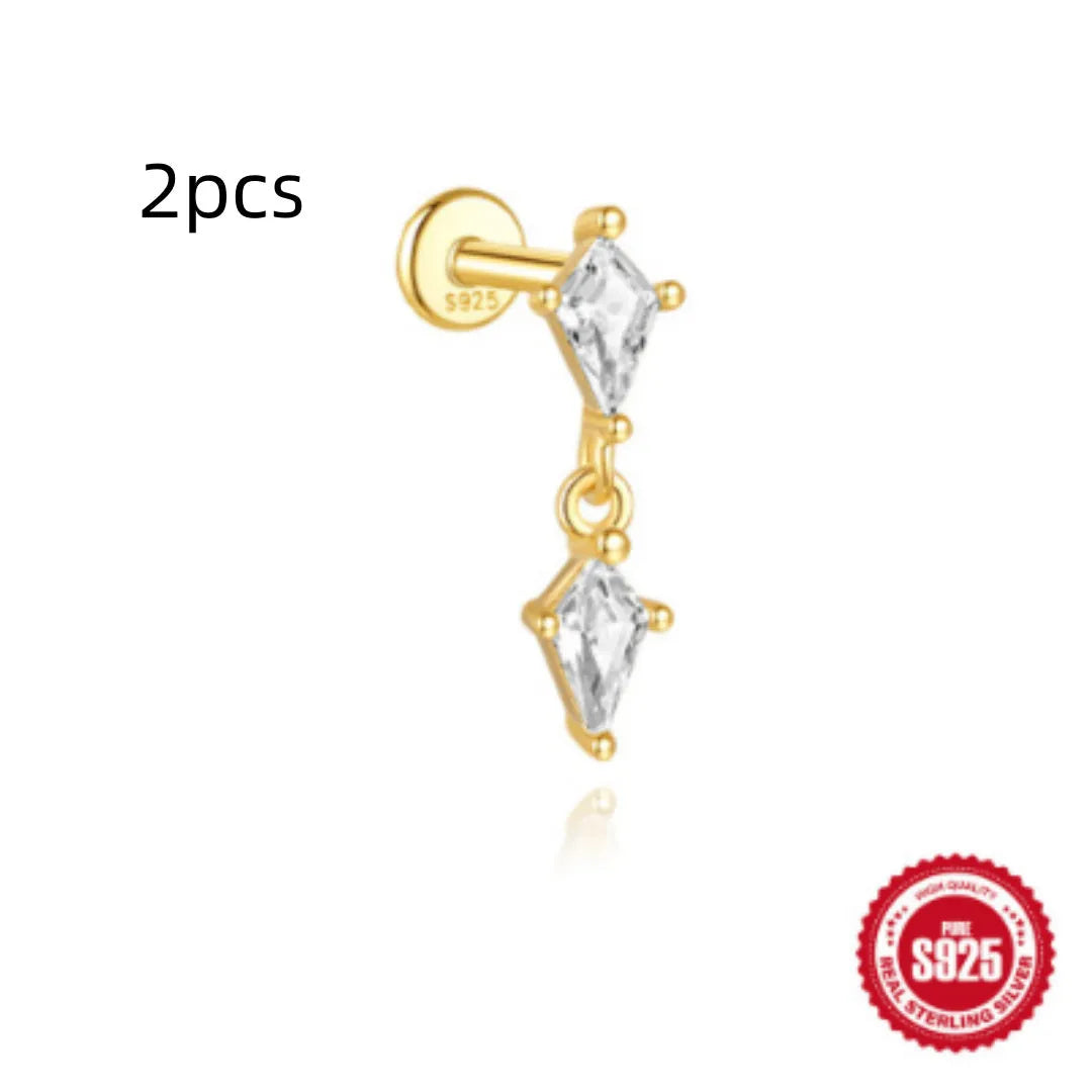 Geometric water drop shaped S925 sterling silver earrings with a flat spiral puncture back, in a gold electroplated finish.