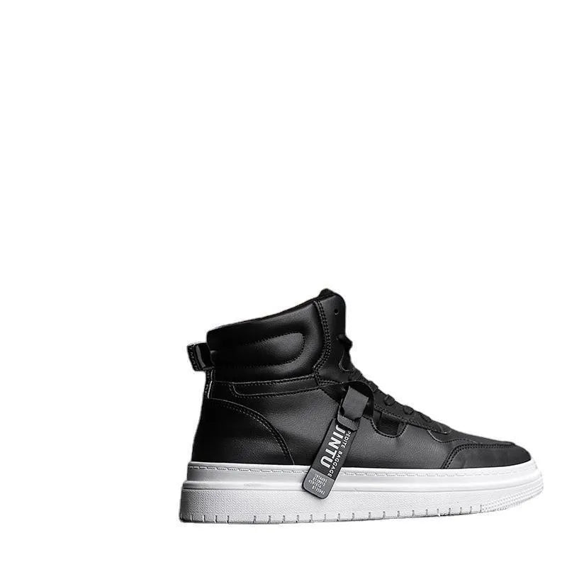 Men's Korean style short boots in white with faux leather upper, side view showing clean silhouette
