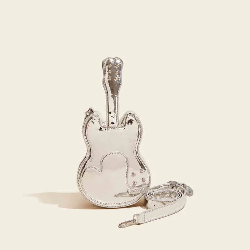 Guitar-shaped black PU leather crossbody shoulder bag showing front design