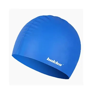 Silicone swimming cap with earmuffs in letter pattern design showing colour options