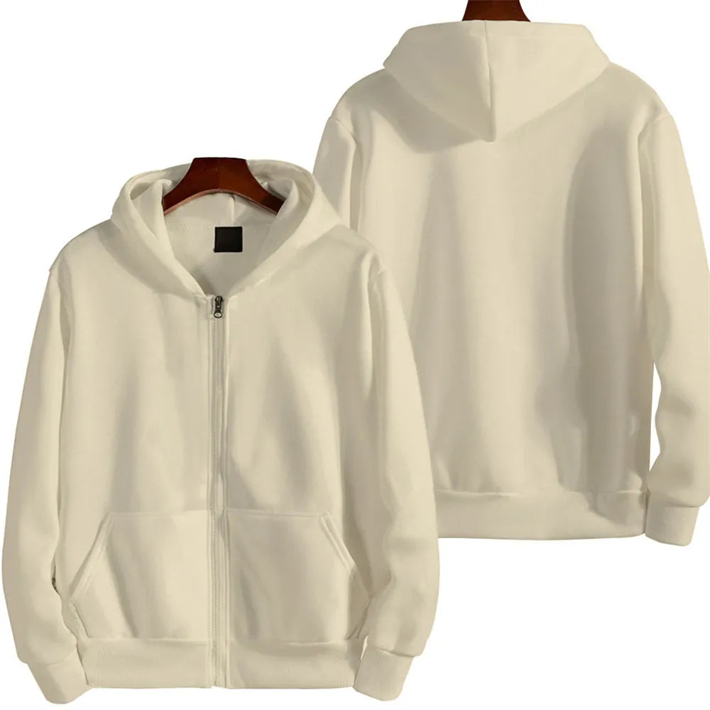 Men's solid colour loose sports zip jacket in polyester-spandex fabric showing zip front and cardigan style