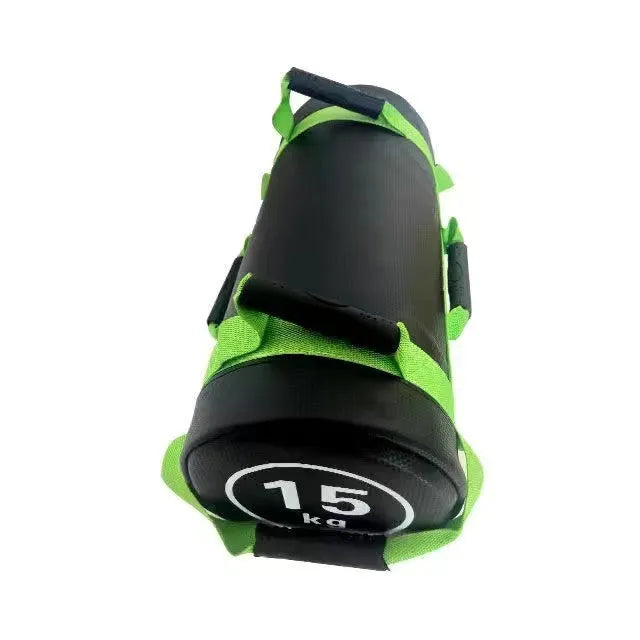 White PVC fitness sandbag for weight training, shown with weight options from 5 to 30 kilograms.