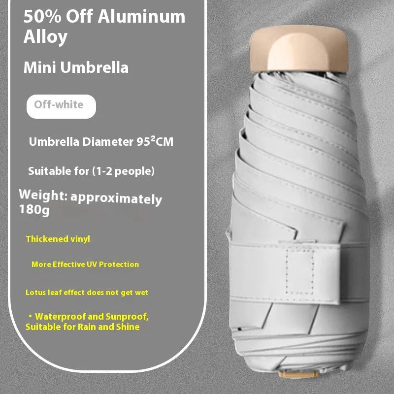 Closed five-fold sun umbrella with gradient vinyl lamination and alloy frame, shown in beige colour.
