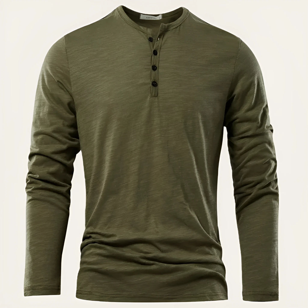Men's slub cotton long-sleeved top in solid colour, pullover style, available in white black wine red army green khaki