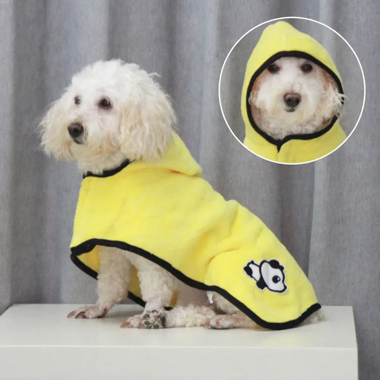 Coral fleece pet bathrobe in yellow, waist-wrapped green, cloak green, and cloak grey, sizes XS to XL.