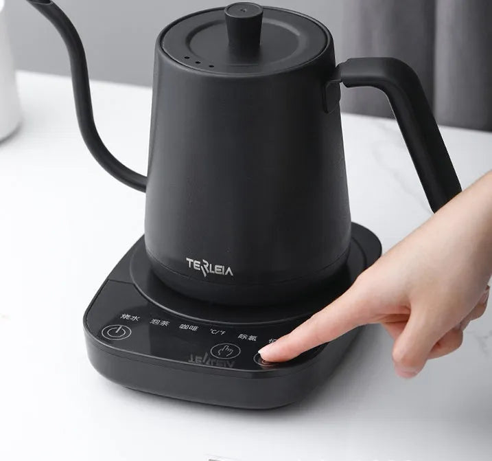 Slender mouth stainless steel electric kettle with heat preservation function for office use in black colour