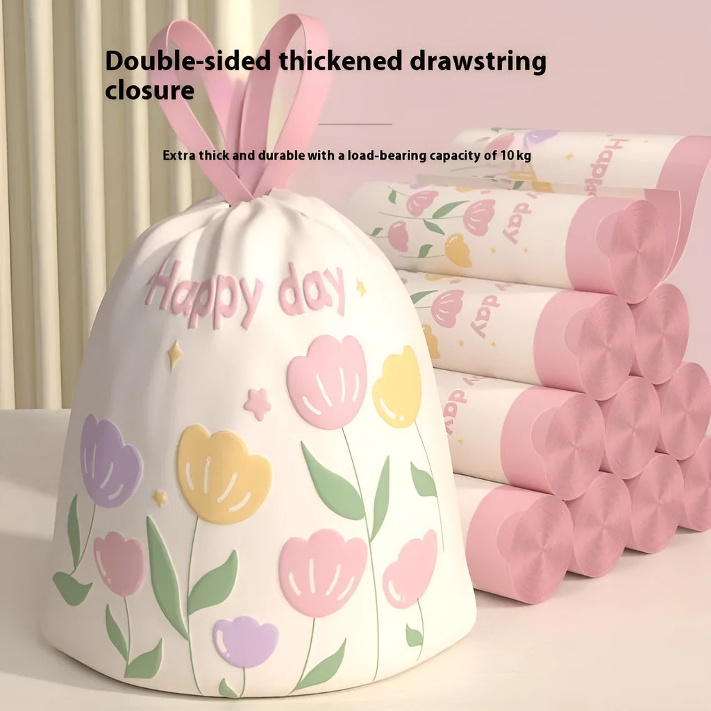 Pink drawstring degradable garbage bags with wormwood, shown in a pack, dimensions 44cm by 48cm.