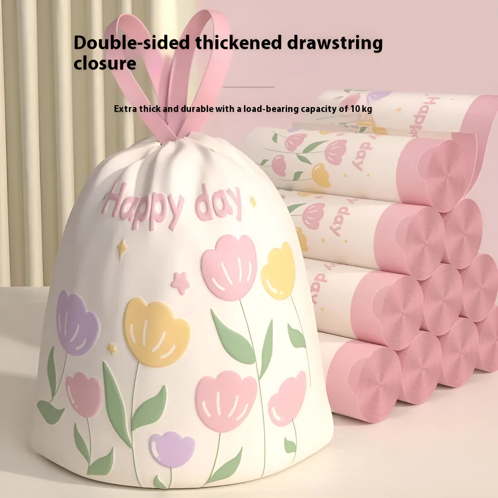 Pink drawstring degradable garbage bags with wormwood, shown in a pack, dimensions 44cm by 48cm.