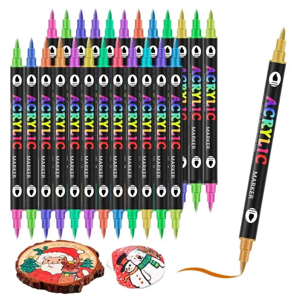 Set of double-headed acrylic marker pens with washable quick-drying ink in various colours