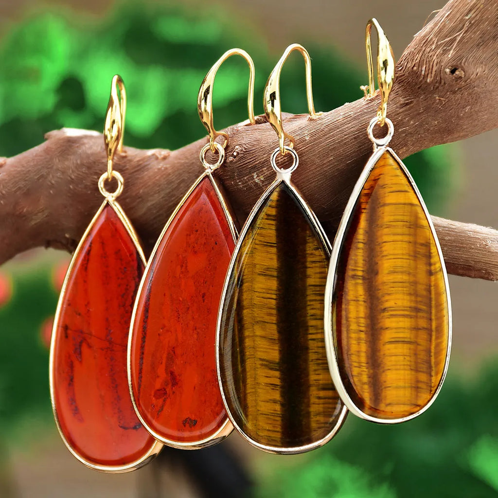 Vintage long water drop earrings in genuine stone materials with handmade processing