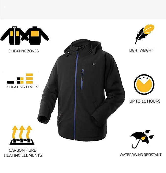 Black men's USB heated winter coat with a straight hem and zippered pockets on a model.