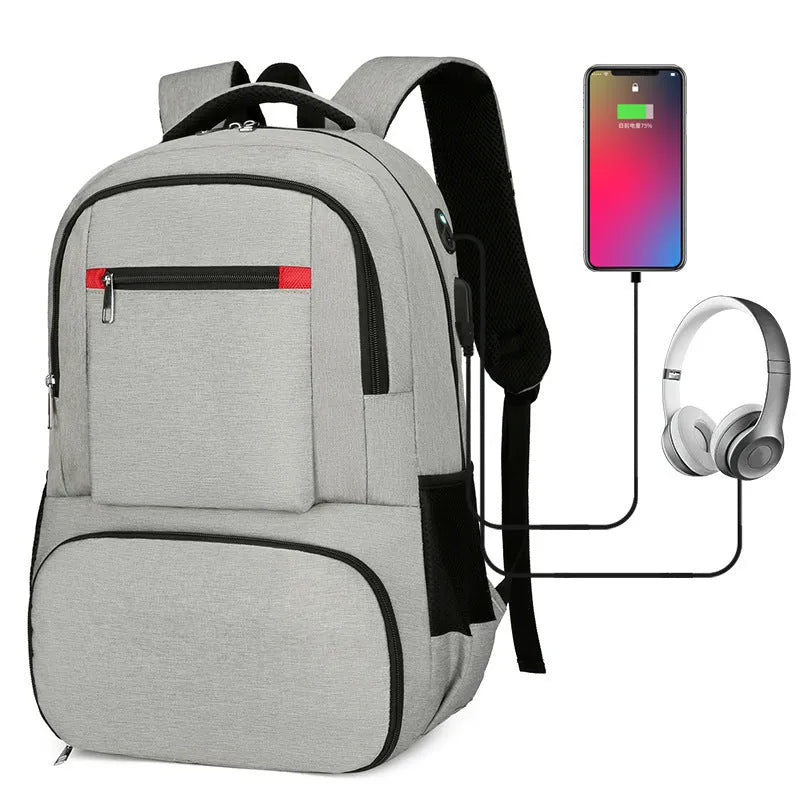Insulated oxford cloth backpack in light grey showing curved shoulder straps and dry-wet separation compartment.