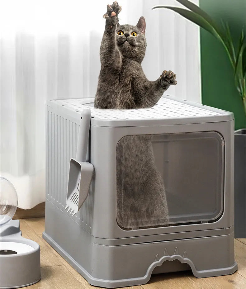 Large double door drawer foldable cat litter basin in PP, 50x38x39cm, grey colour with cat shovel