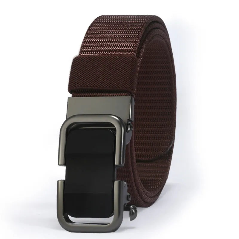 Men's toothless nylon canvas belt with alloy buckle showing adjustment mechanism
