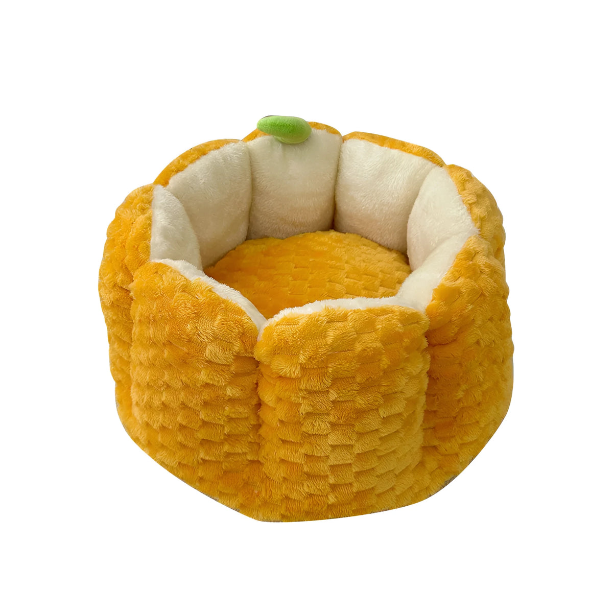 Pumpkin-shaped pet nest with raised rim, warm cat bed for Halloween and autumn, sizes S and M.