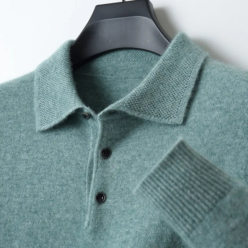 Men's woolen pullover sweater with a polo collar, shown in one of seven available colours.