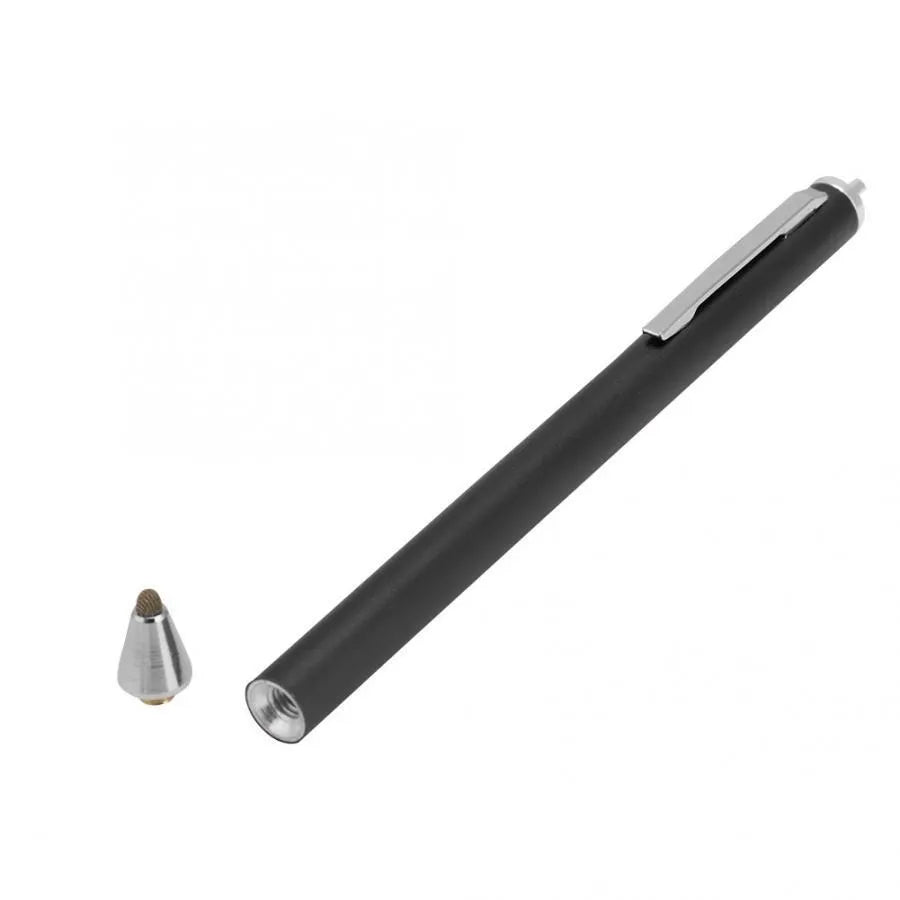 Black passive capacitive stylus with a fine 1.5mm metal tip on a tablet screen