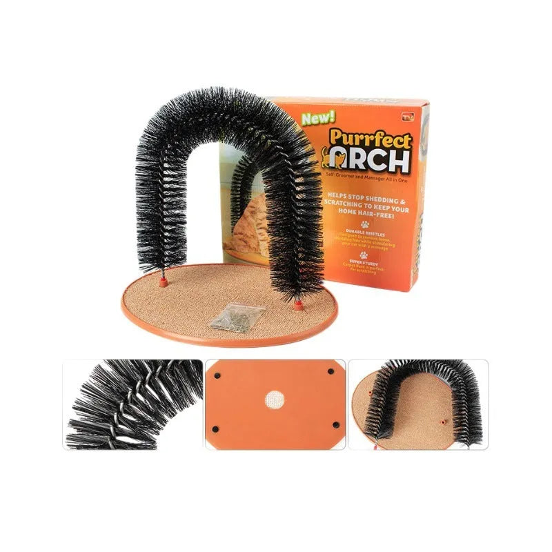 Curved white plastic cat grooming arch with built-in brush bristles for scratching and rubbing.