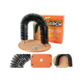 Curved white plastic cat grooming arch with built-in brush bristles for scratching and rubbing.
