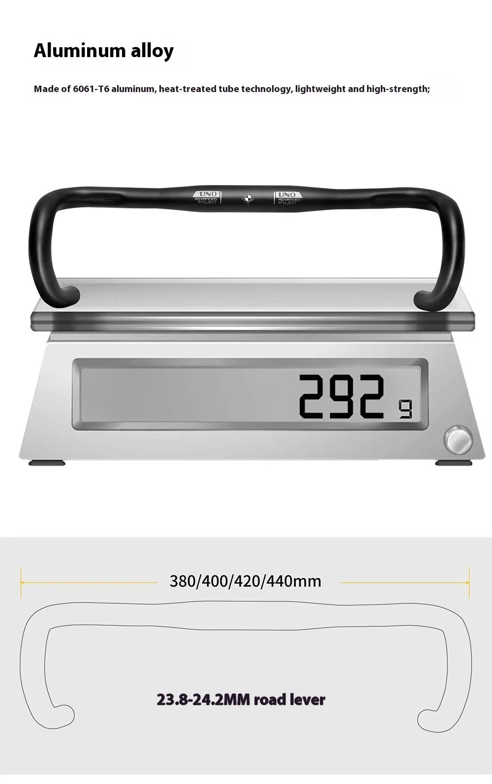 UNO aluminium road bike drop handlebar in black, showing curved drop shape and printing mark.