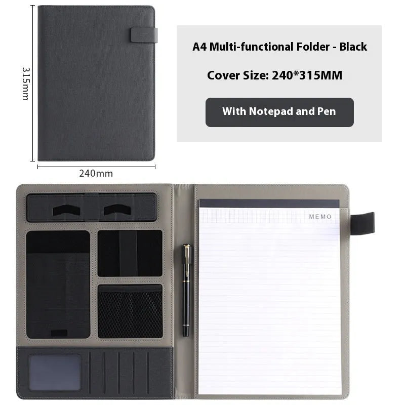 Black leather A4 business folder with a notepad and pen placed on top.
