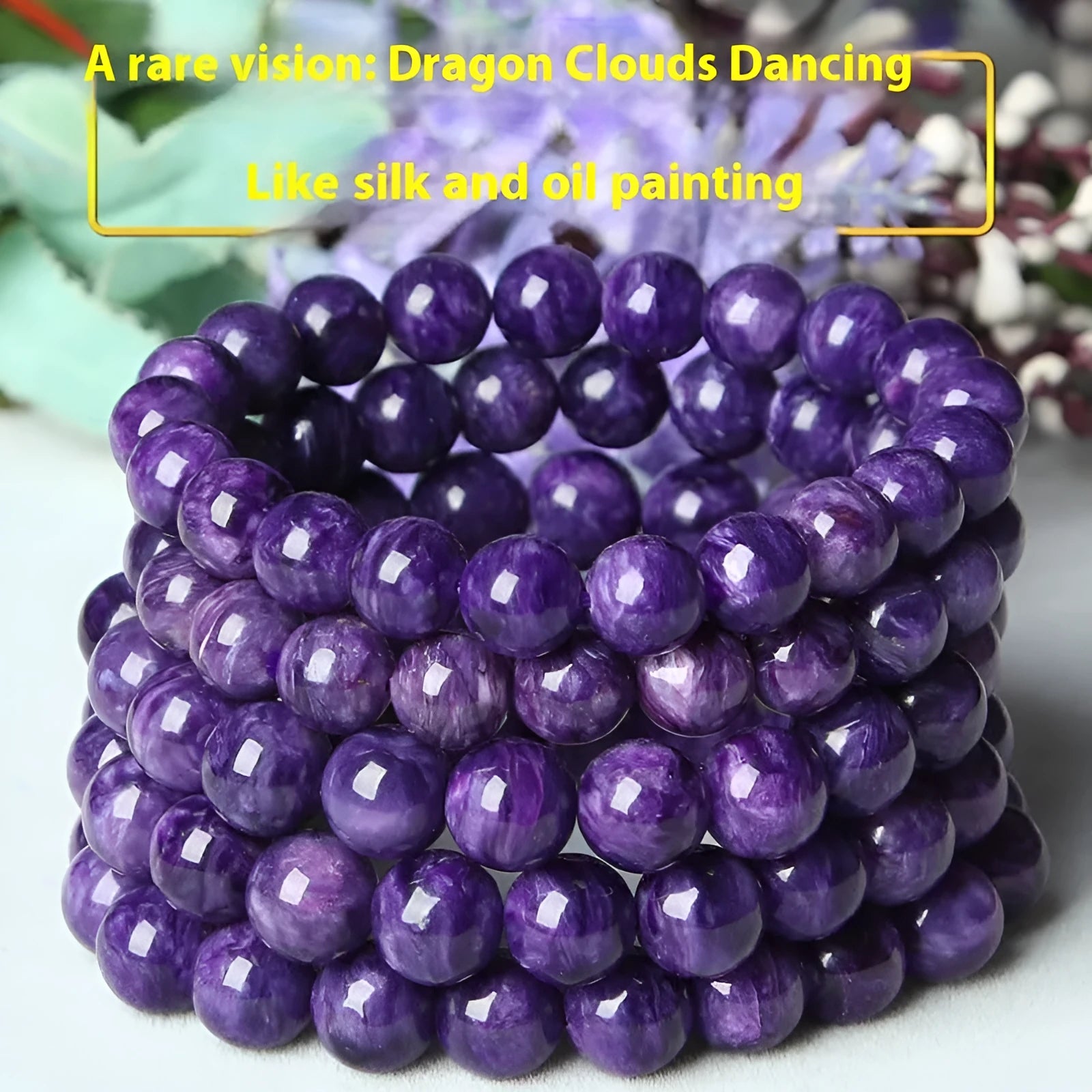 Natural transparent charoite crystal bracelet on platinum-coloured setting, showing different bead size options.