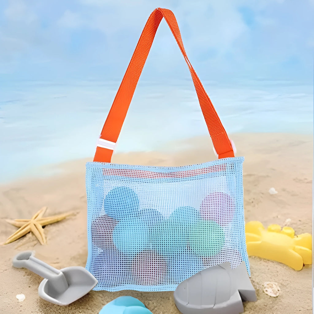 Blue nylon mesh travel storage bag with black handle and zip seal for children's clothing organisation