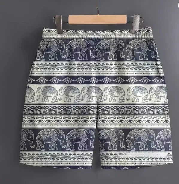 Men's polyester casual sports shorts in camouflage pattern on a hanger.