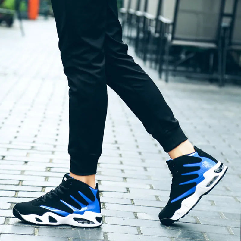 Men's high-top basketball shoes with jute upper, Zoom Air cushioning and wear-resistant outsole, in blue.